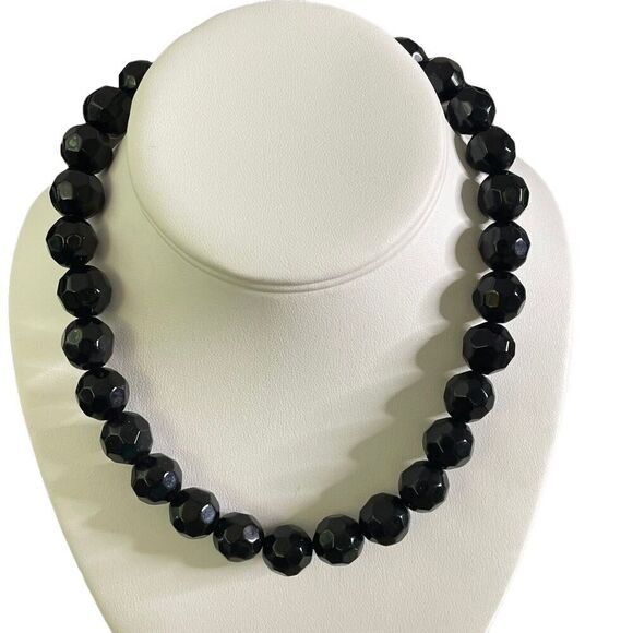 Vintage Jet Black Faceted Glass Beaded Choker Necklace 16” Single Strand - Picture 1 of 6